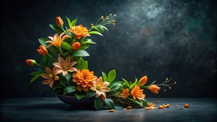 A vibrant arrangement of orange lilies, dahlias, and tulips artfully displayed in a dark bowl against a textured backdrop