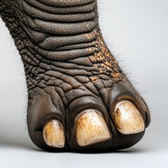 Close-up of an Asian elephants toenails, captured with clarity against a white background for veterinary and educational references, emphasizing unique details.