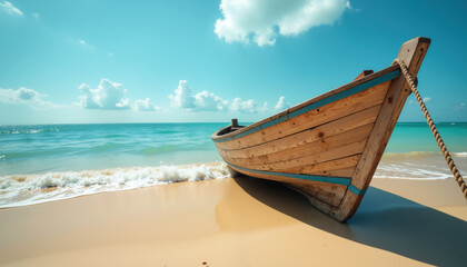 Fototapeta premium A serene wooden boat rests on a sandy beach, with gentle waves lapping the shore under a bright sky.