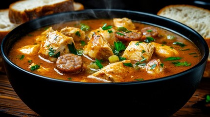 Delicious Chicken and Sausage Stew in Black Bowl   Rustic Comfort Food