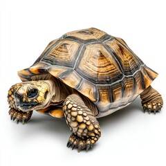 Fototapeta premium Detailed and sharp image of a tortoise on a white background, ready for pet care and longevity-related marketing, showcasing its strong shell