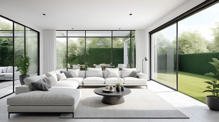 Fototapeta premium Modern white interior with beautiful backyard view. Home living room design. 3D Rendering, 3D Illustration