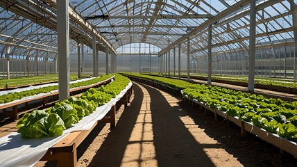 Large greenhouse with a curved, transparent roof made of plastic sheeting supported by wooden beams.