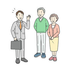 スーツ姿の男性から説明を受ける高齢者男女夫婦イラスト
