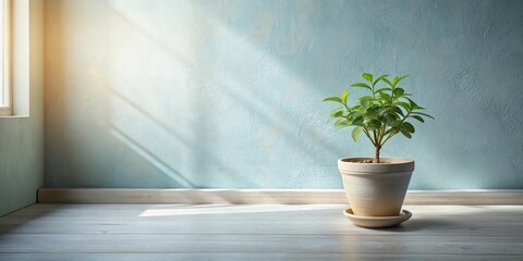 Fototapeta premium Sunlight illuminates a potted plant on a wooden floor against a textured wall
