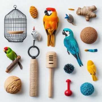 Flat lay of bird cage accessories, including perches, toys, and feeders, neatly arranged on a white surface white background, ideal for pet supply marketing.