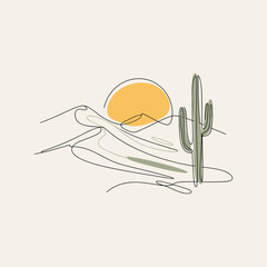 Desert Sunset with Cactus line art design.eps