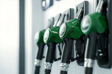 Close-up view of a row of green and black fuel nozzles at a gas station on white wall
