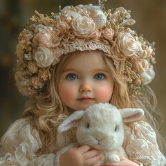 Fototapeta premium A little girl wearing an Easter bonnet holds a stuffed bunny. 