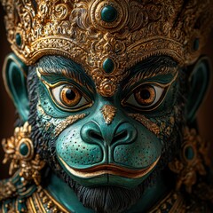 Fototapeta premium Majestic Green-Hued Hanuman Statue with Intricate Golden Details