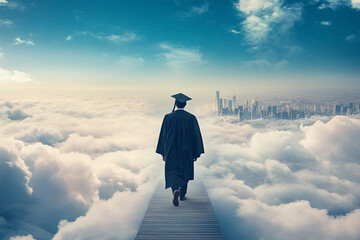 Plakat A graduate walks on a bridge above clouds toward a city skyline symbolizing new beginnings and opportunities