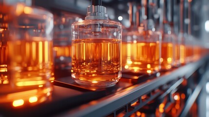 Glass Bottles of Orange Liquid in Industrial Production Setting