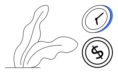 Abstract clock and dollar coin circle paired with flowing leaf line art. Ideal for finance, productivity, investment, growth, savings, energy, sustainability flat simple metaphor