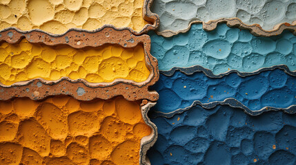 An archaeological dig site pattern showing Neolithic to Qing Dynasty layers, with cross-section texture and chronological color shifts from ochre yellow to cobalt blue in stratified earth tones