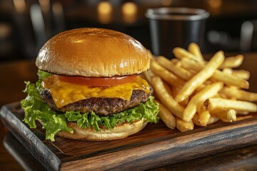 Juicy Cheeseburger with Crispy French Fries Delicious Fast Food Meal Restaurant Gourmet Burger  American Classic Diner Style Tasty Food Photography   