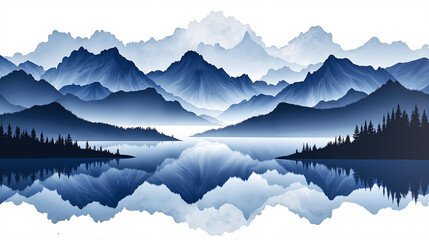 A splashed-ink mountain landscape repeating pattern in monochromatic indigo tones