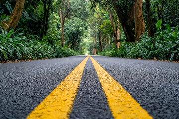 Obraz premium A Quiet Tree-Lined Road on a Bright Day with Vivid Green Foliage and Yellow Road Lines