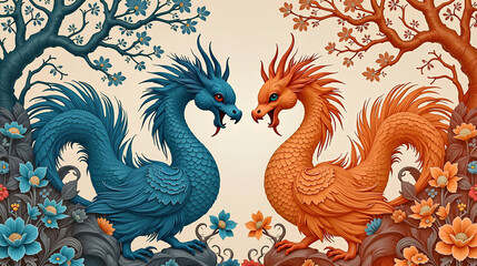 A solarized court portrait pattern reversing Qing Dynasty embroidery colors with phoenix silhouettes