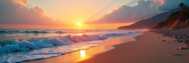 A stunning sunset illuminates the horizon over a peaceful beach, with gentle waves lapping against the shore and a dramatic sky overhead.