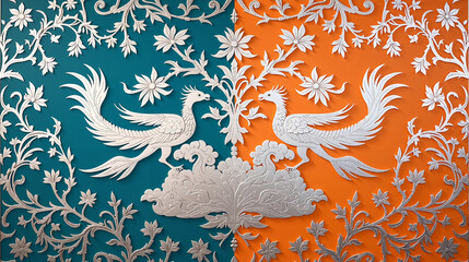 A solarized court portrait pattern reversing Qing Dynasty embroidery colors with phoenix silhouettes