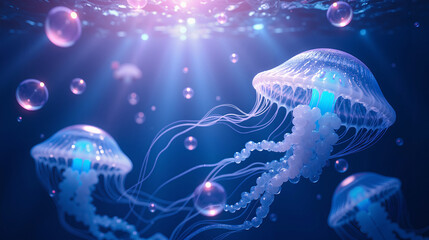 A surreal underwater scene with bioluminescent jellyfish and floating crystalline bubbles, rendered in opalescent blues and purples with glowing underwater spotlights creating ethereal shadows