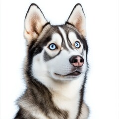 Obraz premium Professional image of a husky with a seamless white background, perfect for branding, packaging, and advertising, emphasizing its piercing blue eyes and thick coat.