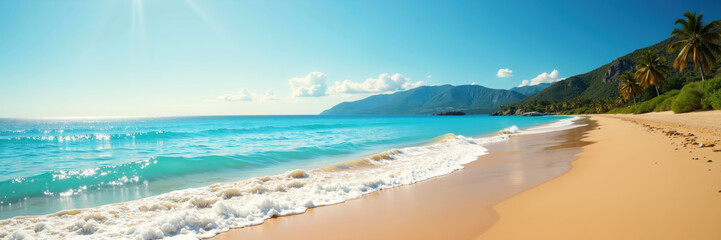 A serene tropical beach with clear turquoise water gently lapping against the sandy shore, surrounded by lush palm trees and distant mountains under a bright blue sky.