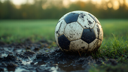 Fototapeta premium Worn-Out Football on a Muddy Grass Field