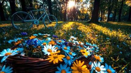 Obraz premium Spring Bicycle in Sunny Park with Wildflowers Basket