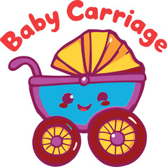 Adobe Illustrator ArtworkColorful Baby Carriage Vector: Playful Cartoon Illustration with Smiling Face, Yellow Canopy, and Red Text