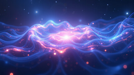 An abstract energy field with swirling plasma-like patterns in electric blue and violet, enhanced by motion blur and lens flares, set against a starry galaxy background