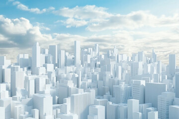 White geometric cityscape with soft cloudy sky background creating a peaceful view