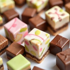 Assorted cube-shaped confections with colorful patterns, and various chocolate petit fours on a plain background.