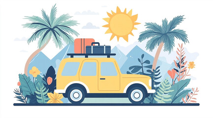 Yellow Vehicle with Luggage Ready for Tropical Road Trip Adventure amid Mountains and Palm Trees