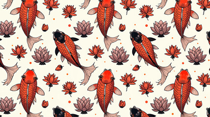 A repeating koi fish and lotus blossom design in traditional ink wash style