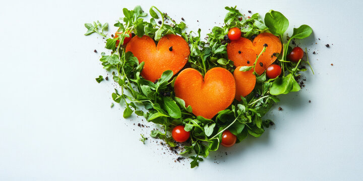 Heart-shaped tomatoes in greens,arranged on a white background for food blogs,recipe websites,health and wellness blogs,Valentine's Day content,and social media posts related to healthy eating,vegetar