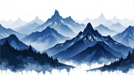 A splashed-ink mountain landscape repeating pattern in monochromatic indigo tones