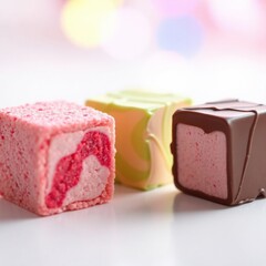 Assorted square confections: Pink, green, and chocolate-covered treats sit against a blurred bokeh backdrop.