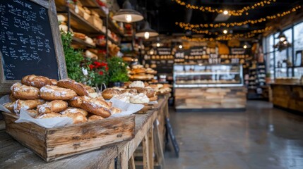 Rustic Bakery Interior  Fresh Bread  Cozy Atmosphere  Wooden Display  Sweet Treats  Delici