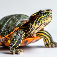 Obraz premium Studio shot of a red-eared slider turtle, isolated with soft lighting, creating a calm and educational look, perfect for reptile pet care branding