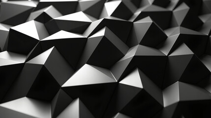 A geometric puzzle with interlocking tetrahedrons and cubes in matte black and white, arranged in a seamless pattern with directional light