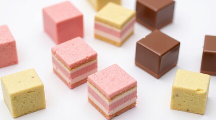 Assorted cube-shaped sweets in pastel shades and chocolate on a white surface, delicious dessert treats.