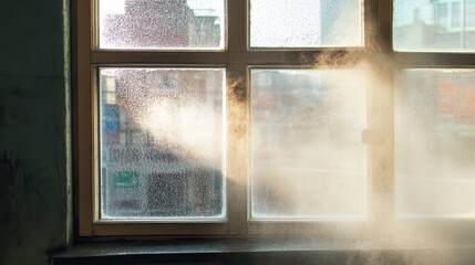 Fototapeta premium Sunlight and Steam at a Foggy Window in an Urban Environment