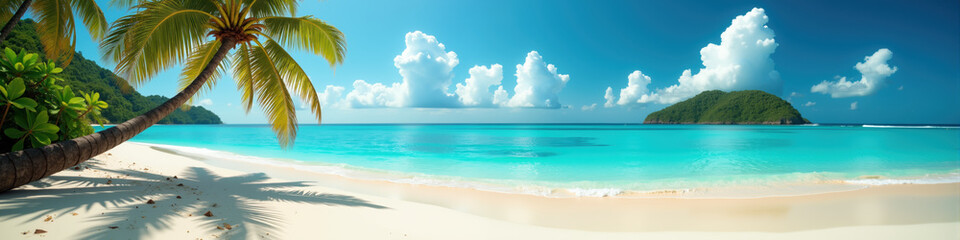 Fototapeta premium A serene tropical beach with white sand, clear turquoise waters, and lush palm trees under a blue sky.