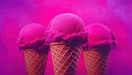 Three vibrant pink ice cream scoops in waffle cones against a colorful, misty background.