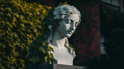 Serene Stone Woman Statue  Ivy  Leaves  Tranquil  Garden  Sculpture  Art  Head  Bust  Anci