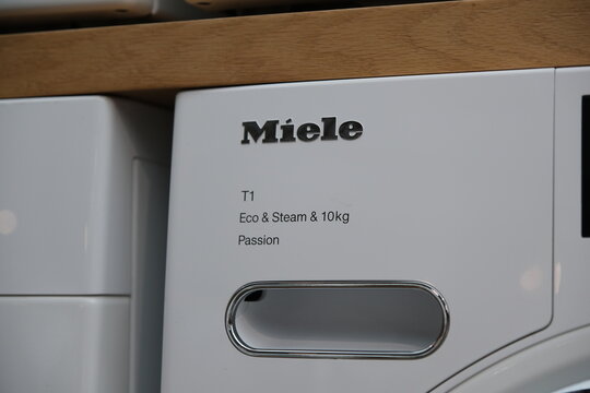 Shanghai,China-March 2nd 2025: Miele company brand logo on washing machine