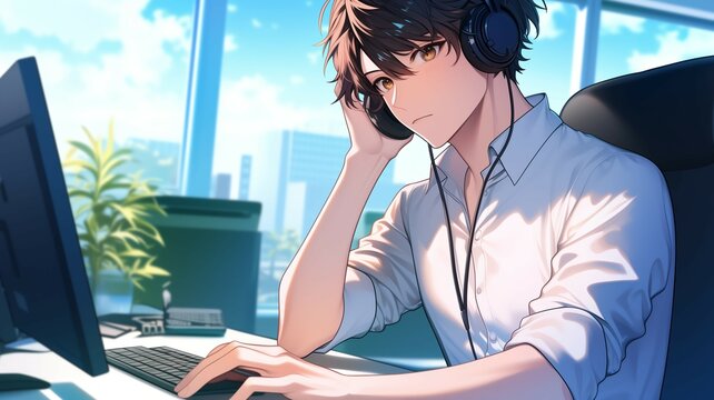 オフィスで仕事をするアニメ調の日本人男性