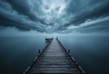 Naklejka premium Serene Pier Scene. Tranquil Ocean View, A Wooden Pier Extends Into Foggy Waters. Overcast Sky Creates A Calm And Moody Atmosphere. Solitude And Contemplation On The Horizon.