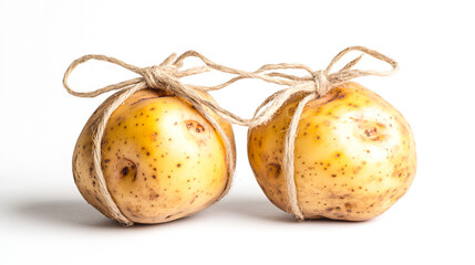 Potato and brinjal tied together with twine on a white background